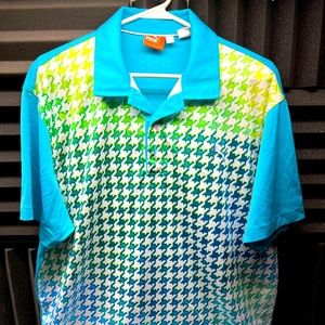 Puma Golf Polo Shirt XL Dry Cell Rickie Fowler Blue / White Houndstooth